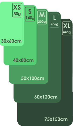 Rozměry TEK ručníků XS-XL 290x500